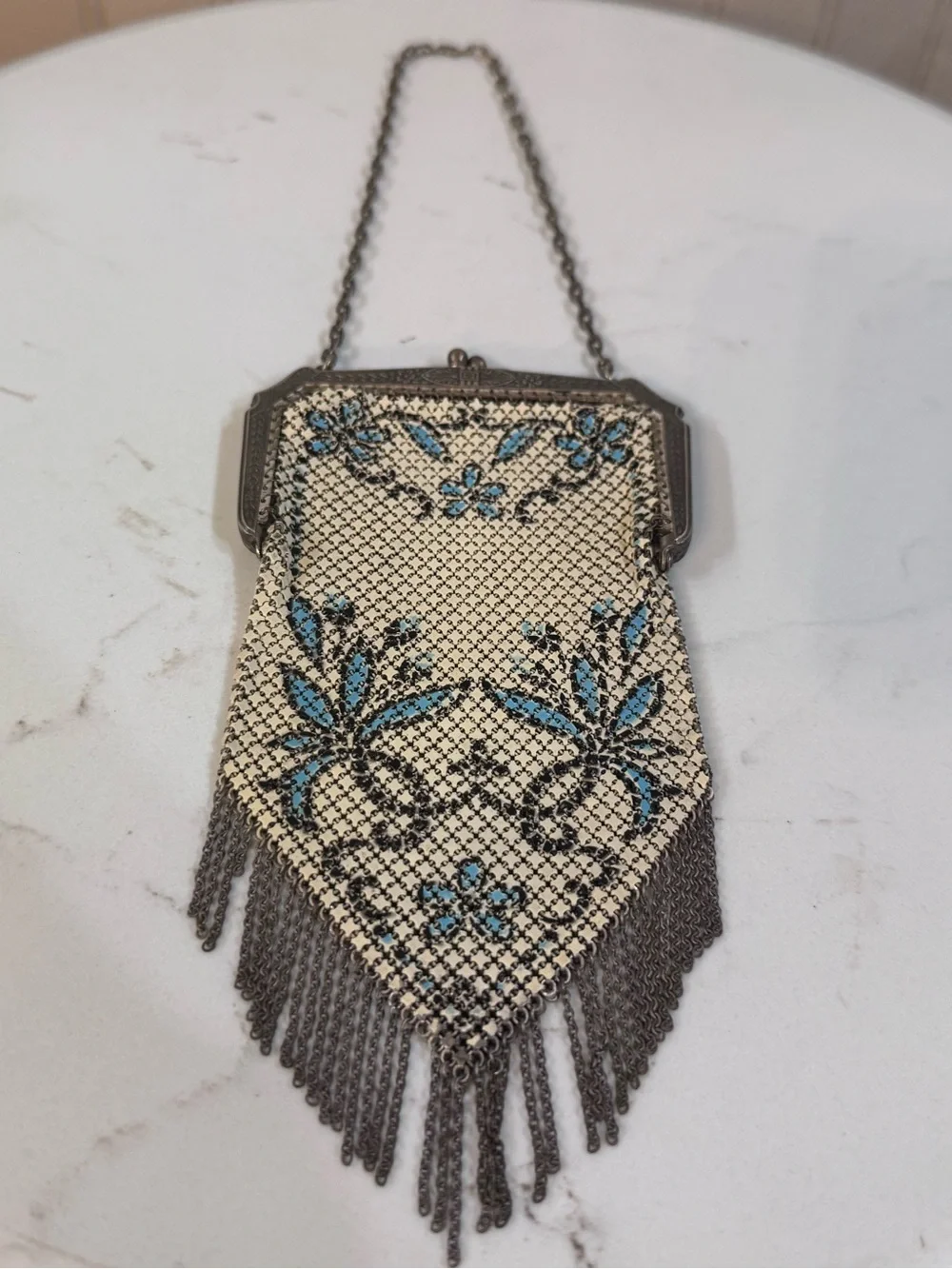 Antique Mandalian Mesh Enamel Flapper Purse Floral w/ Fringe